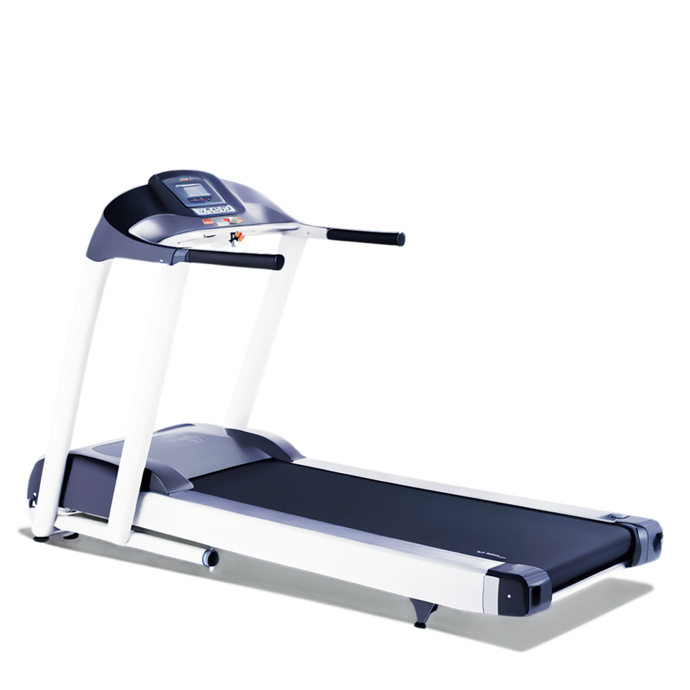 Treadmill, modern fitness equipment, sleek design, metallic gray and white, digital display, running machine, home gym, exercise technol png