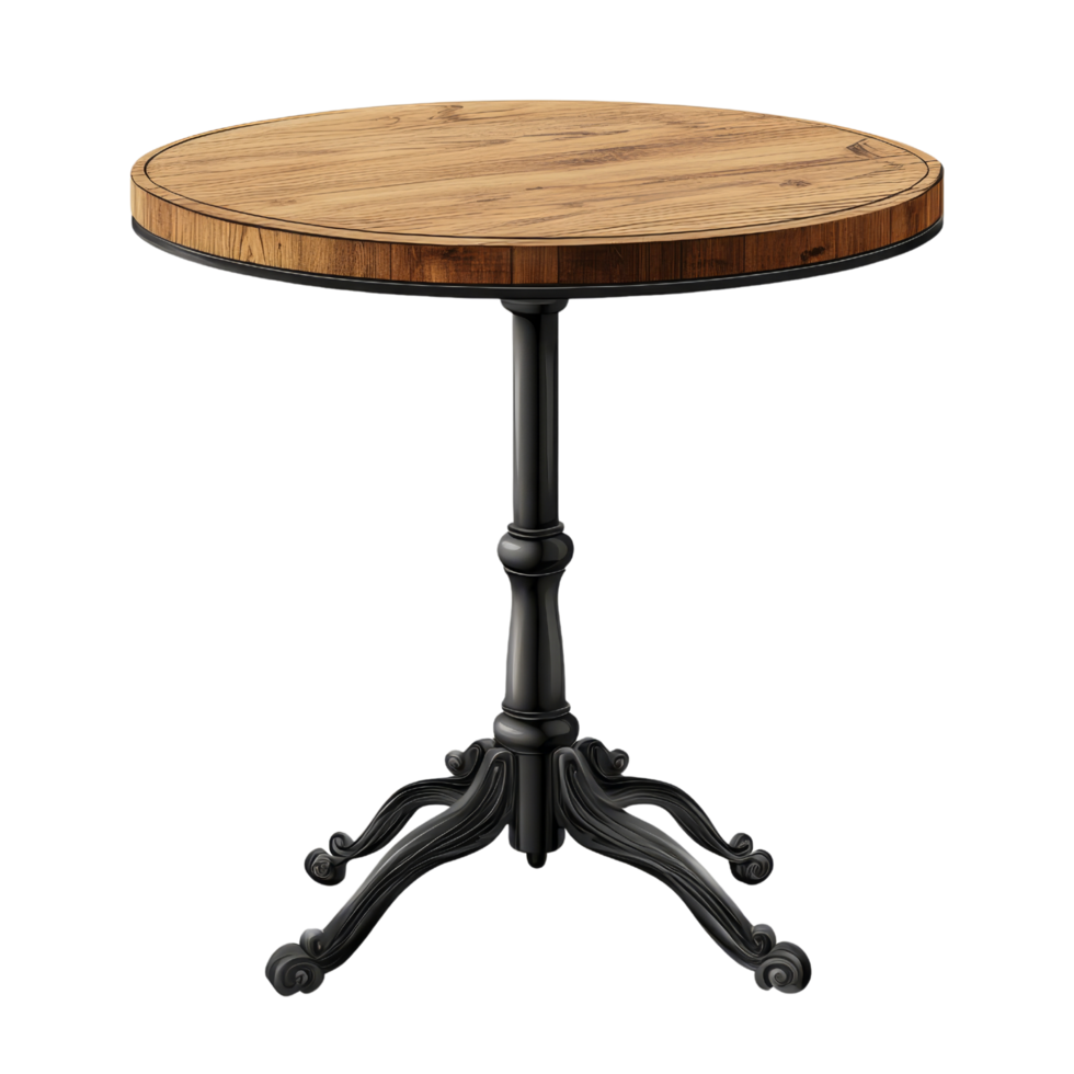 Elegant Round Wooden Table with Ornate Black Legs Suitable for Any Dining Space or Setting png