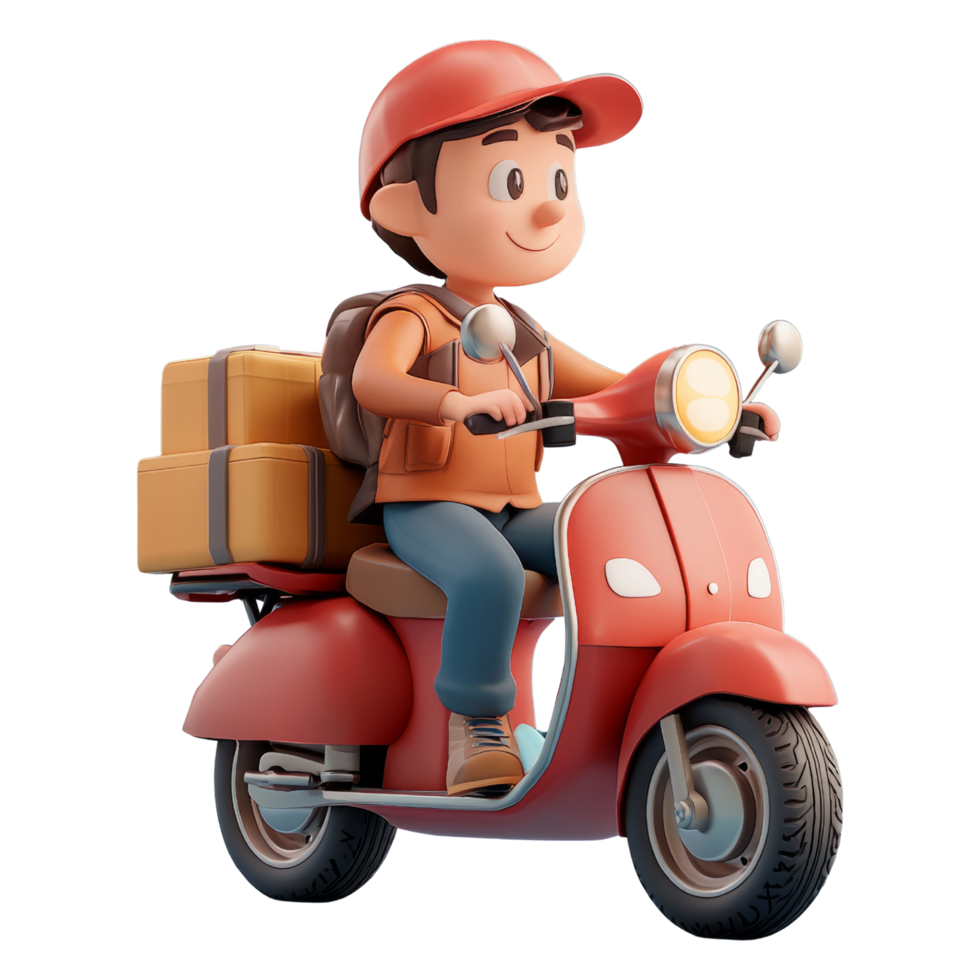 Cheerful Cartoon Delivery Boy Riding a Red Scooter isolated transparent background png