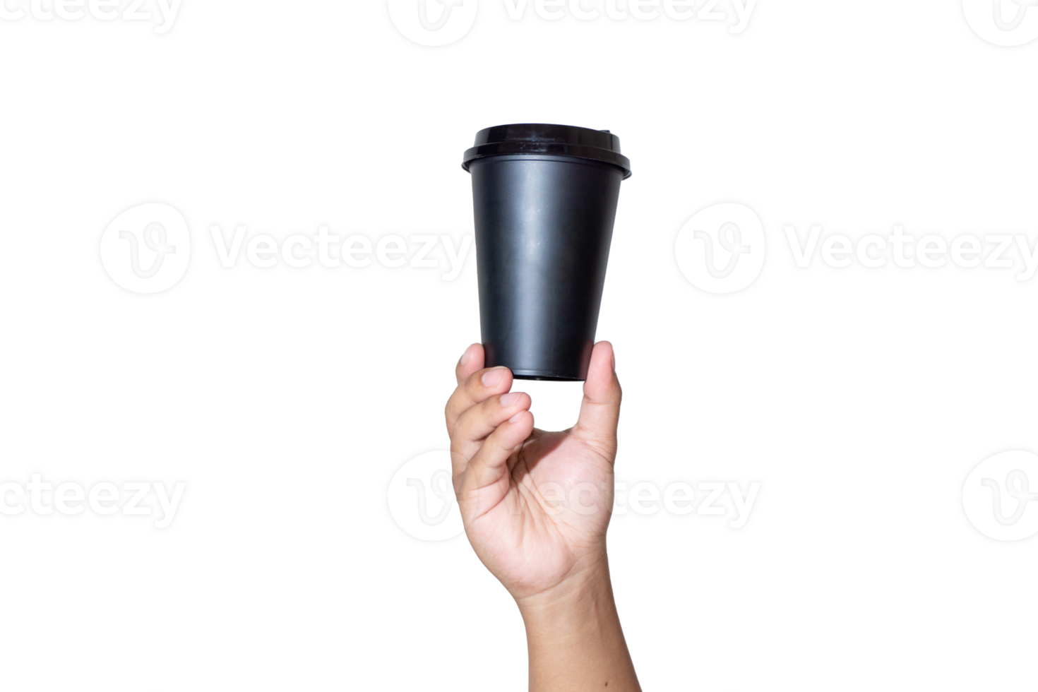 Human hand holding black paper cup. Drink cup mockup png