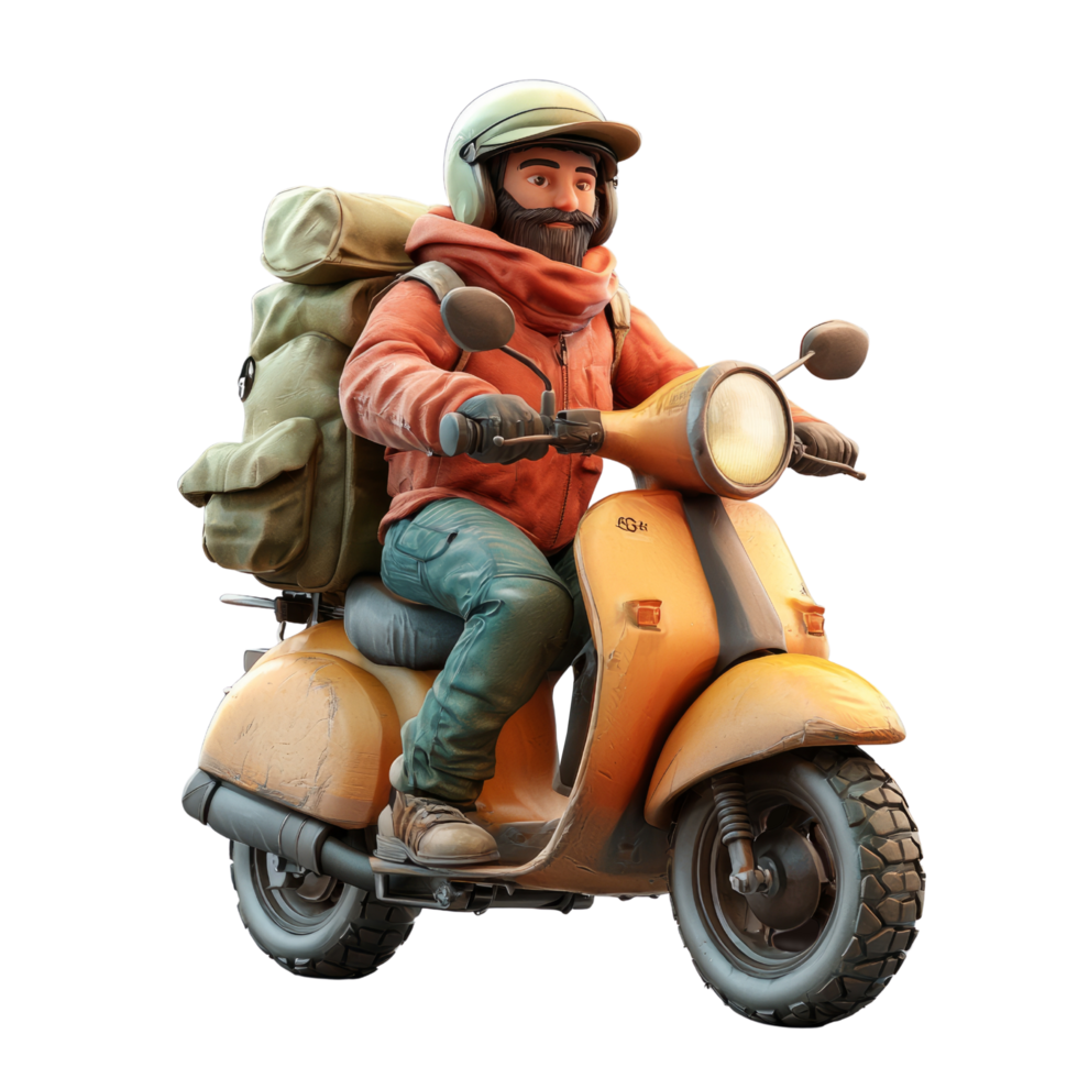 A man Riding a Vintage Scooter Through Scenic Landscapes isolated on transparent background png