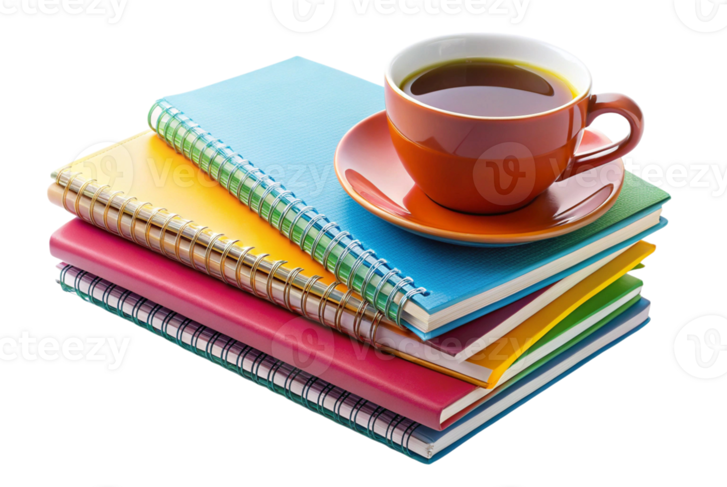 A stack of colorful notebooks and a cup of tea invites png
