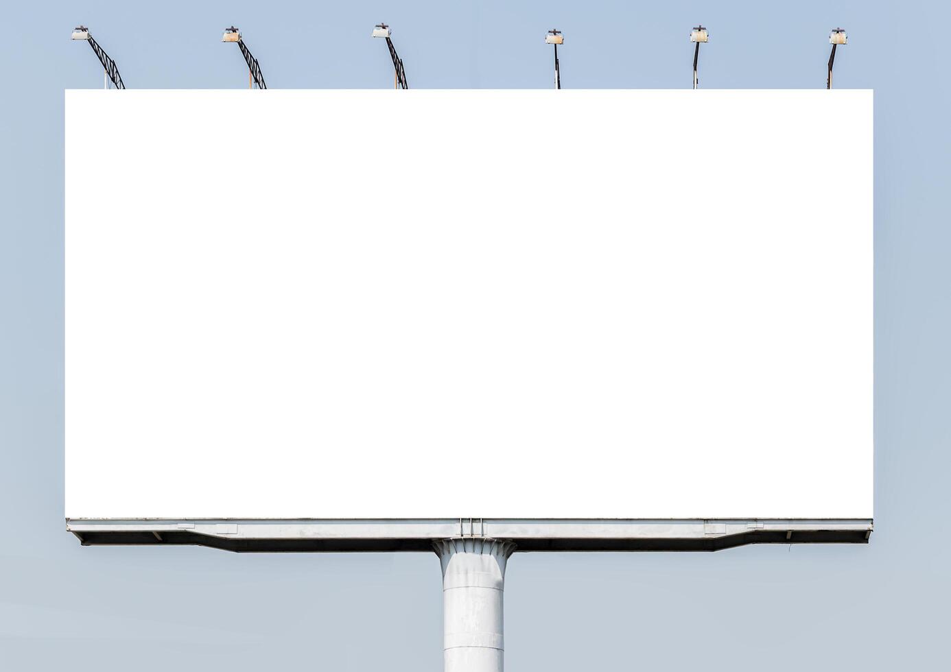 White mock up horizontal billboard on pole with blue sky background. Clipping path for mockup photo