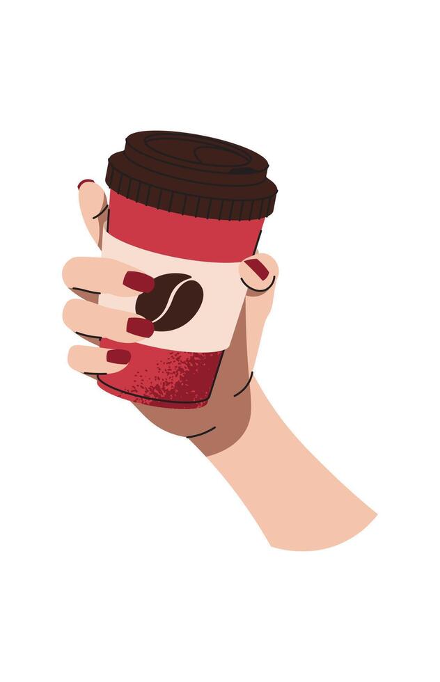 Hand holding Coffee beverage in a red glass with a lid. Espresso, americano cup, cappuccino and latte in paper mug. Flat cartoon illustration isolated vector