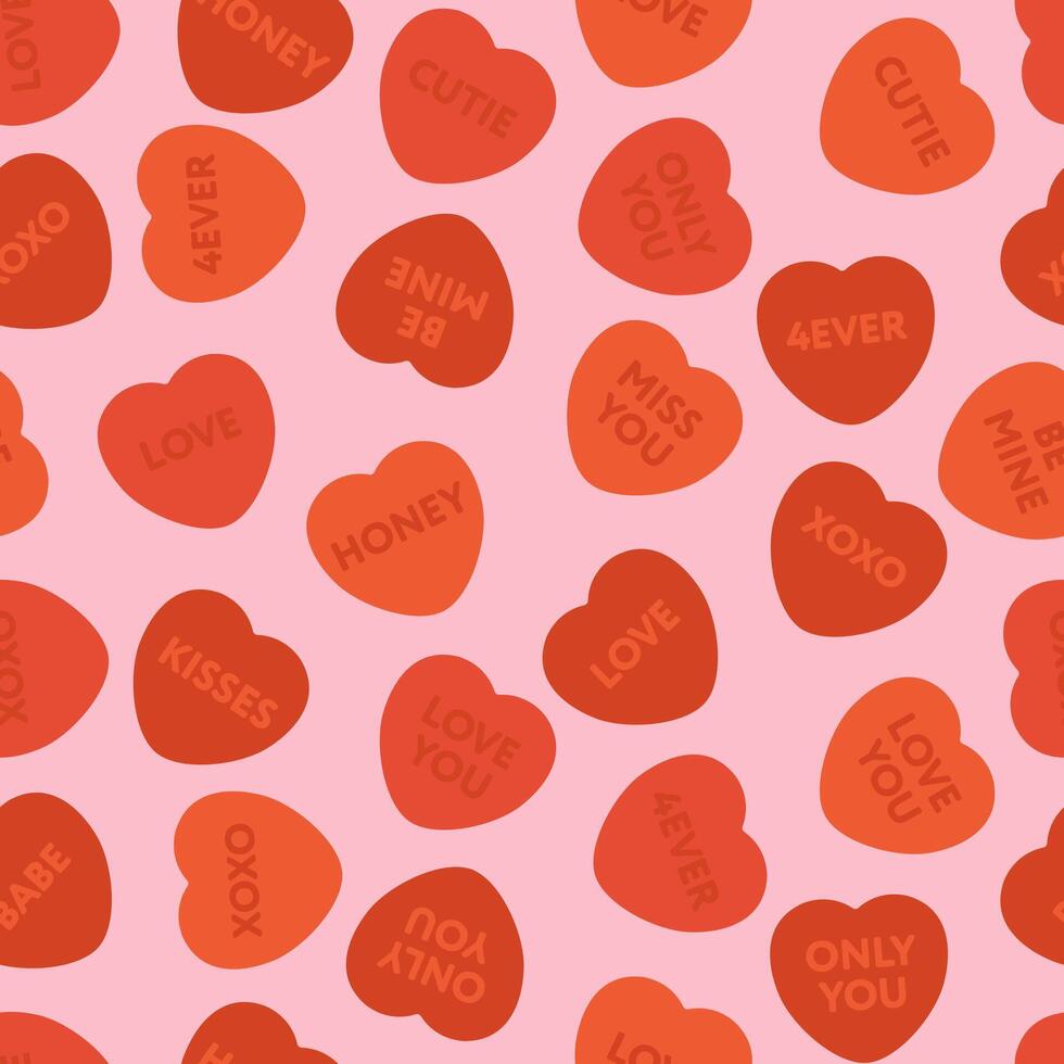 Seamless Pattern of Colorful Red Candy Hearts with Love Messages on a Pink Background vector
