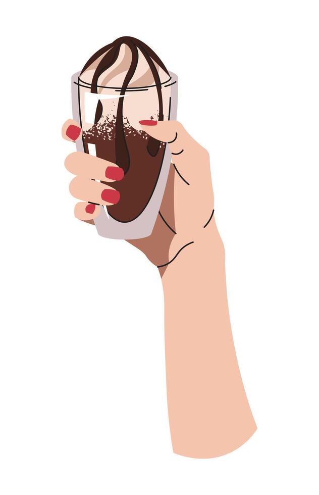 Hand holding hot coffee beverage with milk foam and chocolate. Espresso, cup of americano, cappuccino and latte in glasses. Flat cartoon illustration isolated on white background vector