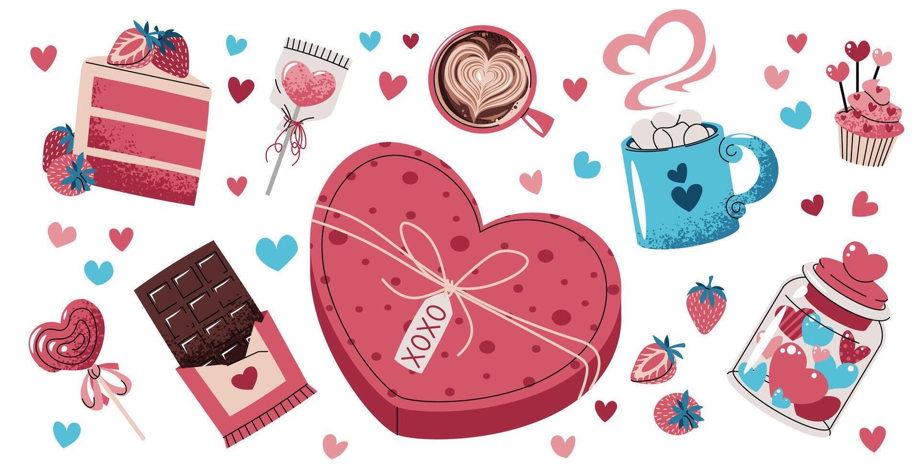 Set of sweets for Valentine's day in flat cartoon style. Cute stickers on isolated background. Chocolate, cupcake, cake, heart-shaped candy box, etc. vector