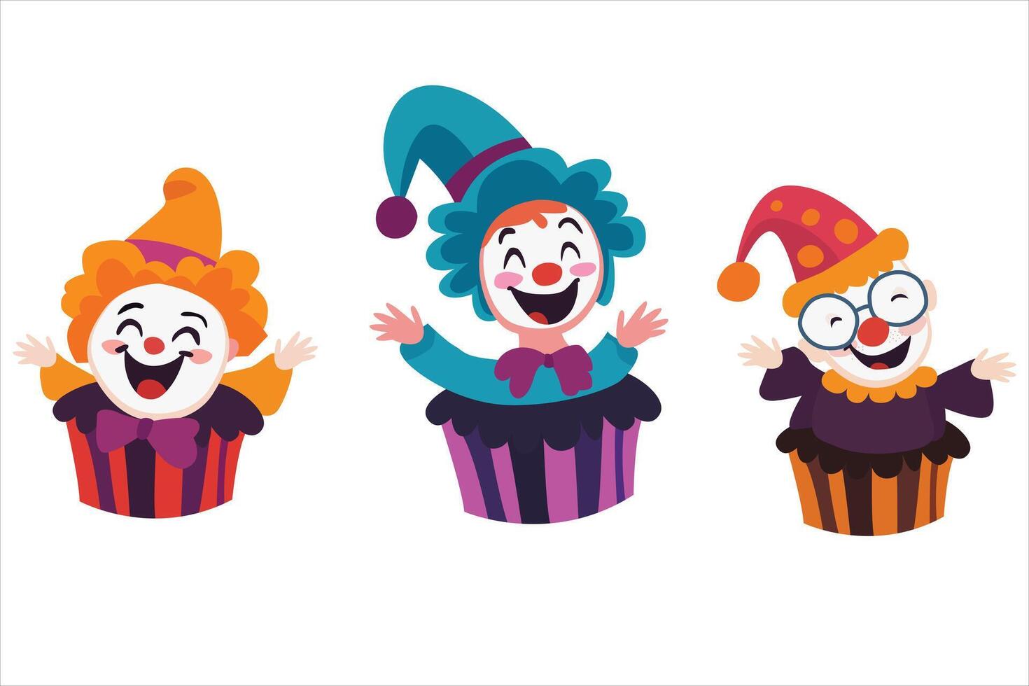 Three clown cupcakes on white background vector