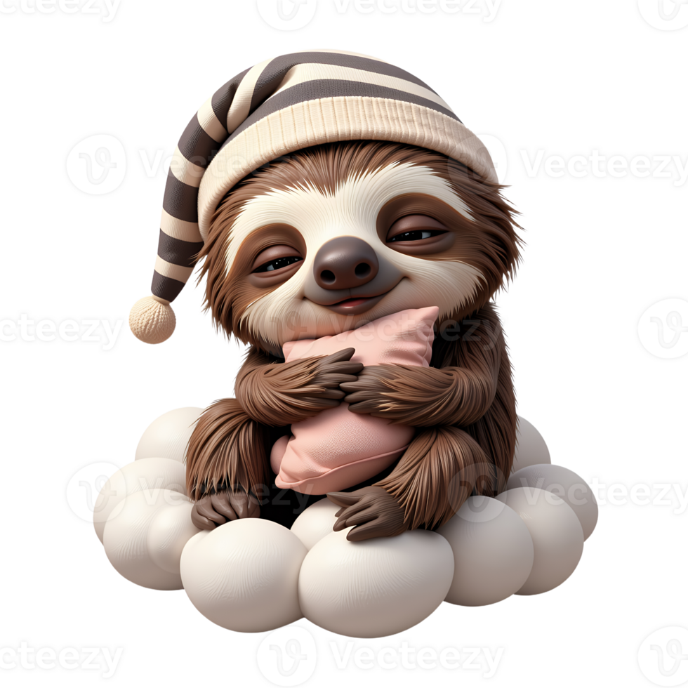 Adorable Sleepy Sloth Cub on Cloud Wearing Striped Sleep Cap Hugging Pillow png