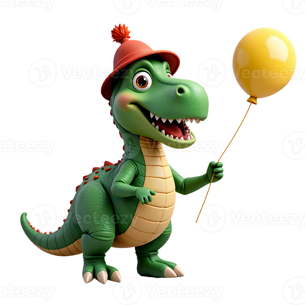 Adorable Cartoon Dinosaur Holding Yellow Balloon Wearing Hat 3D Render png