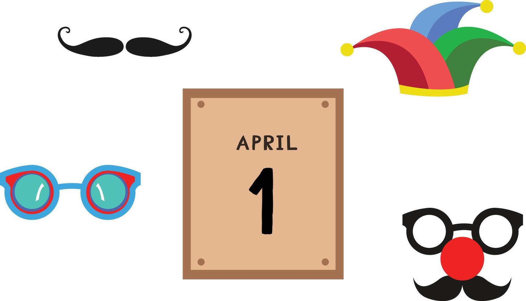 Playful set of April Fools Day symbols, including glasses, a mustache, a jester hat, and an April 1 calendar graphic. vector