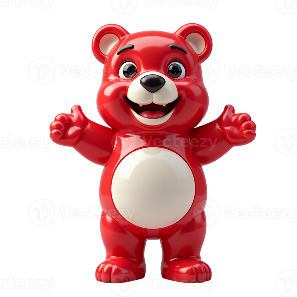 Cheerful red 3d cartoon bear character welcoming pose isolated transparent background png