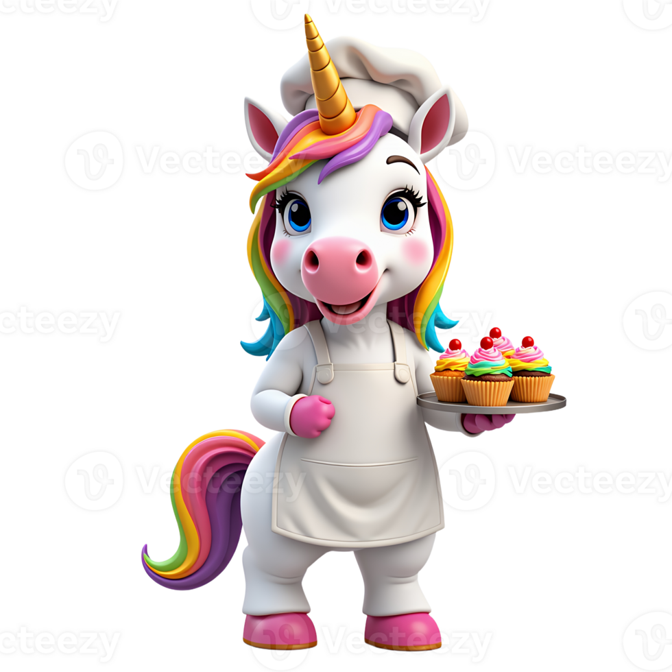 Adorable Rainbow Unicorn Baker Holding Tray of Colorful Cupcakes png