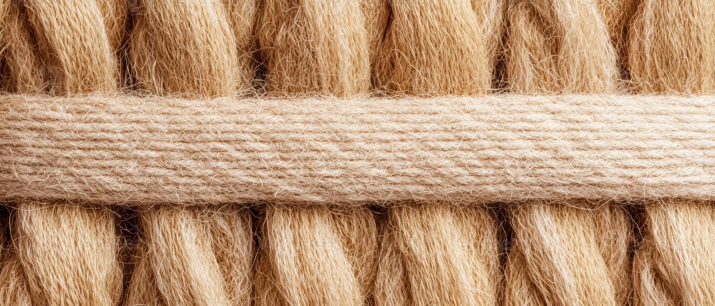Gritty natural fibers. Textured beige fabric with woven patterns and a central line. photo
