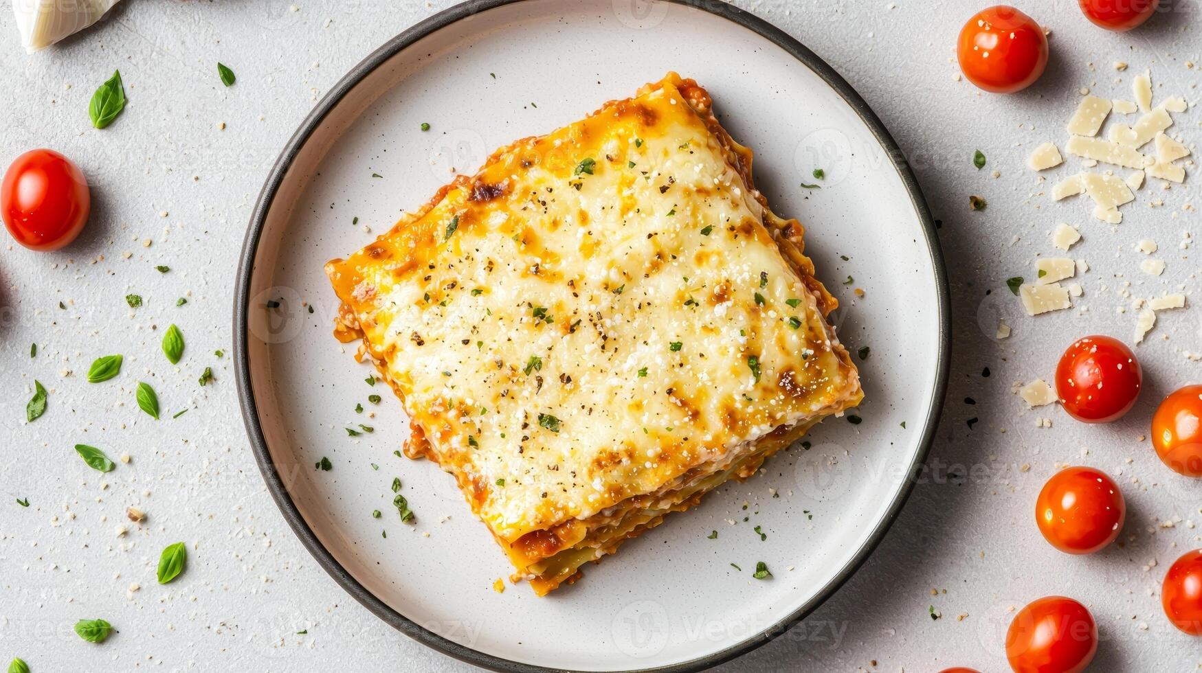 Layered lasagna slice. Delicious lasagna slice with cherry tomatoes on a plate. photo