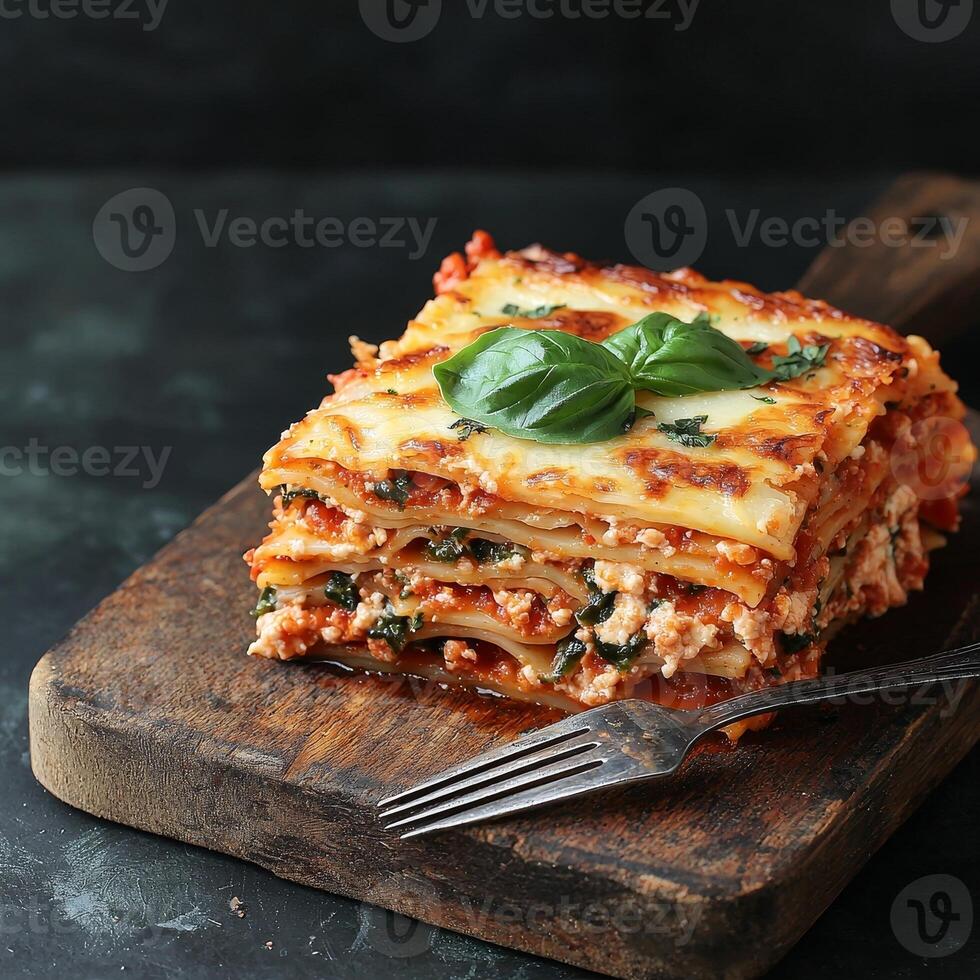 Layered lasagna slice. Delicious lasagna served on a wooden board with fresh basil garnish. photo