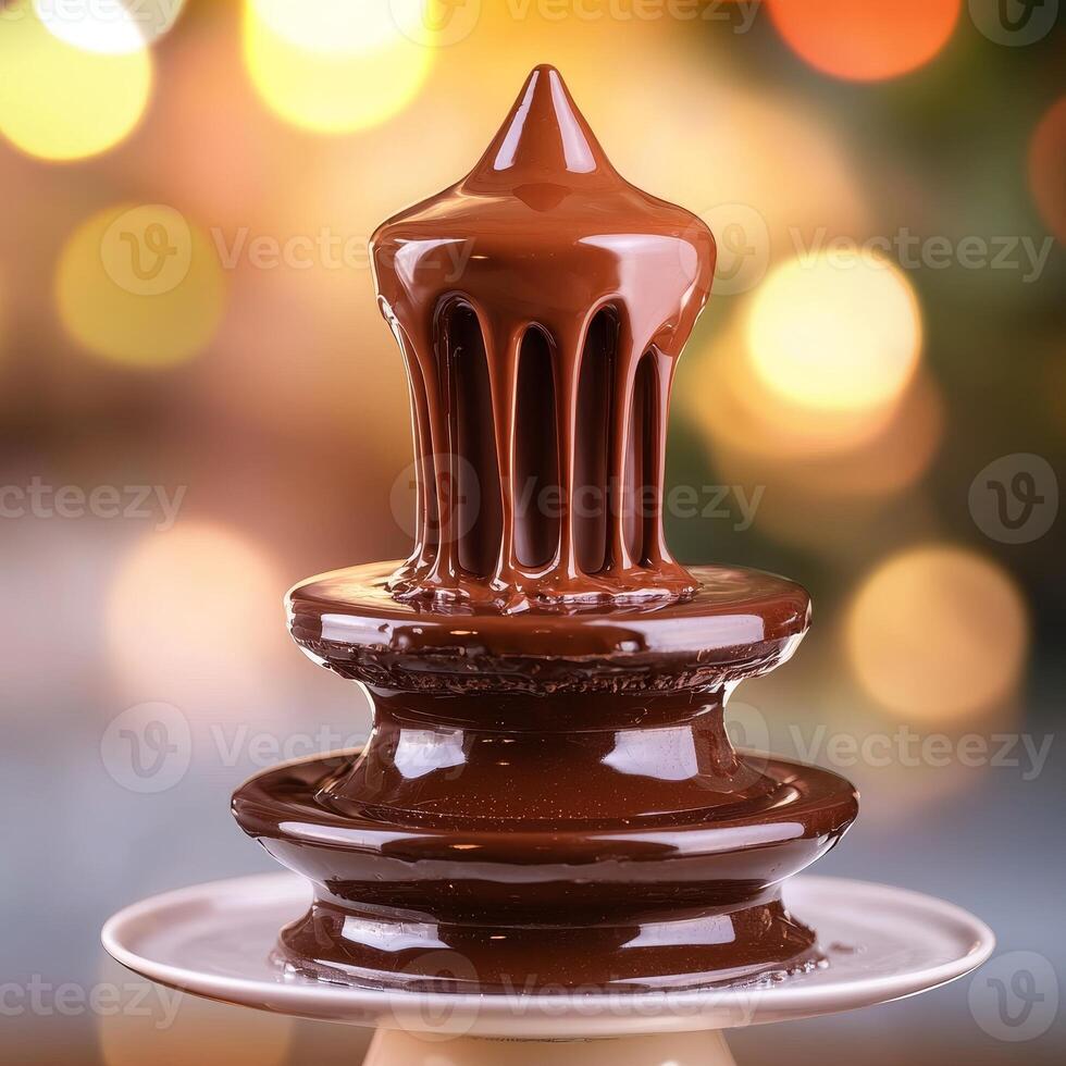 Smooth chocolate drip. Chocolate fountain with dripping chocolate on a plate. photo
