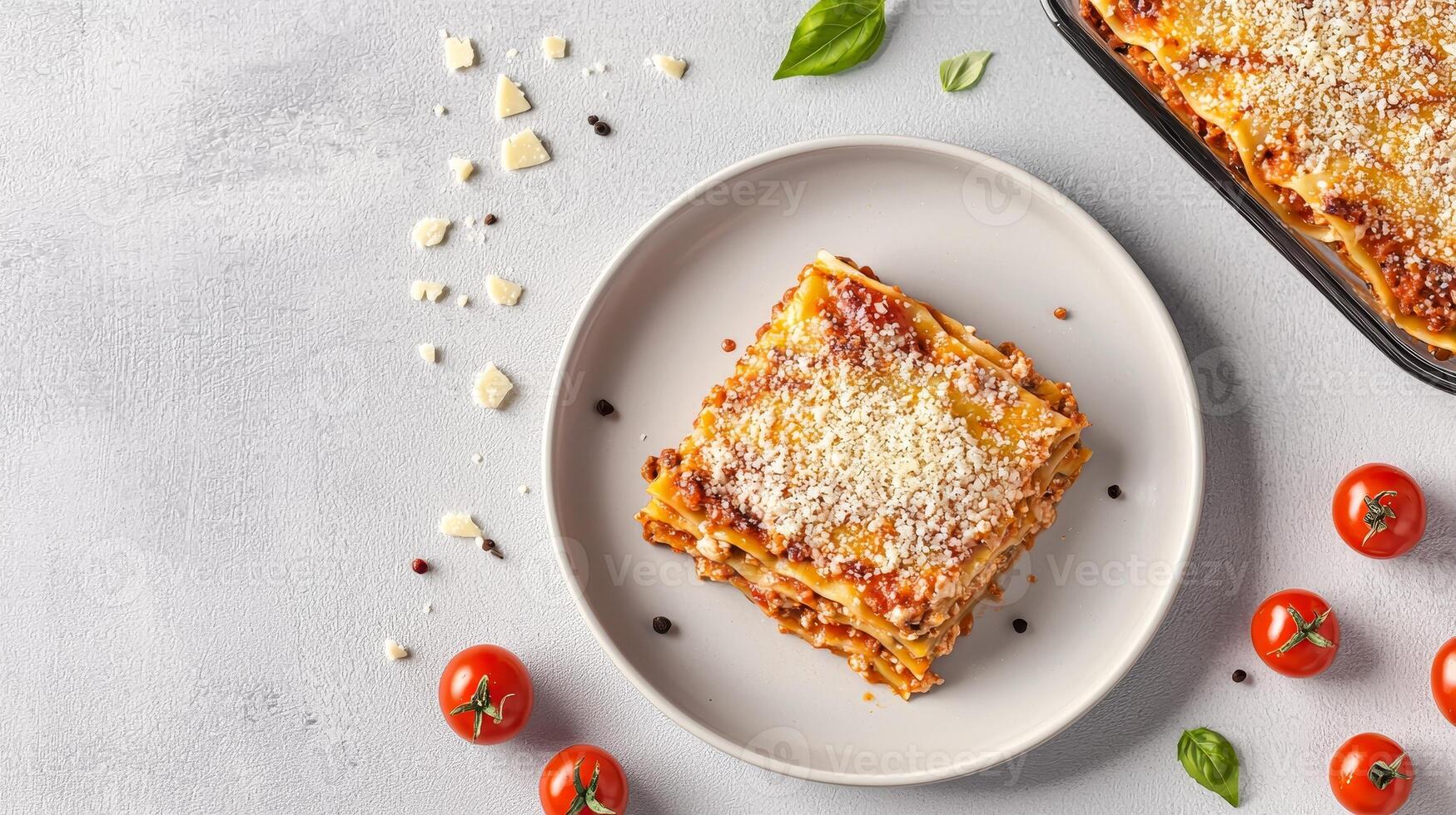Layered lasagna slice. Delicious lasagna served with fresh basil and cherry tomatoes. photo
