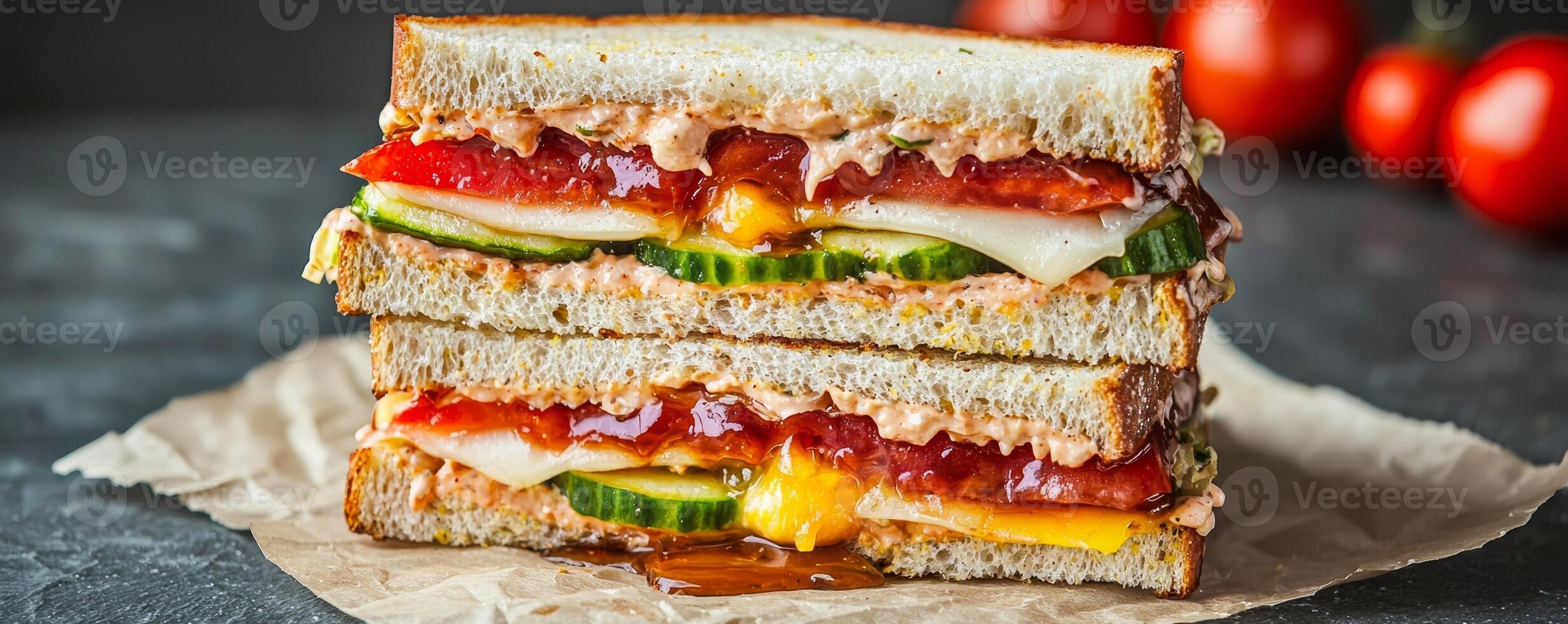 Hearty sandwich. Stacked sandwich with vibrant layers and fresh ingredients on parchment paper. photo