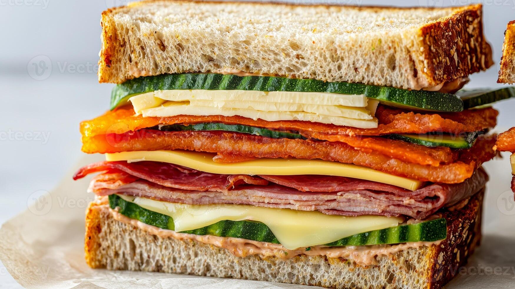 Hearty sandwich. Stacked sandwich with layers of meats, cheese, and vegetables between bread slices. photo