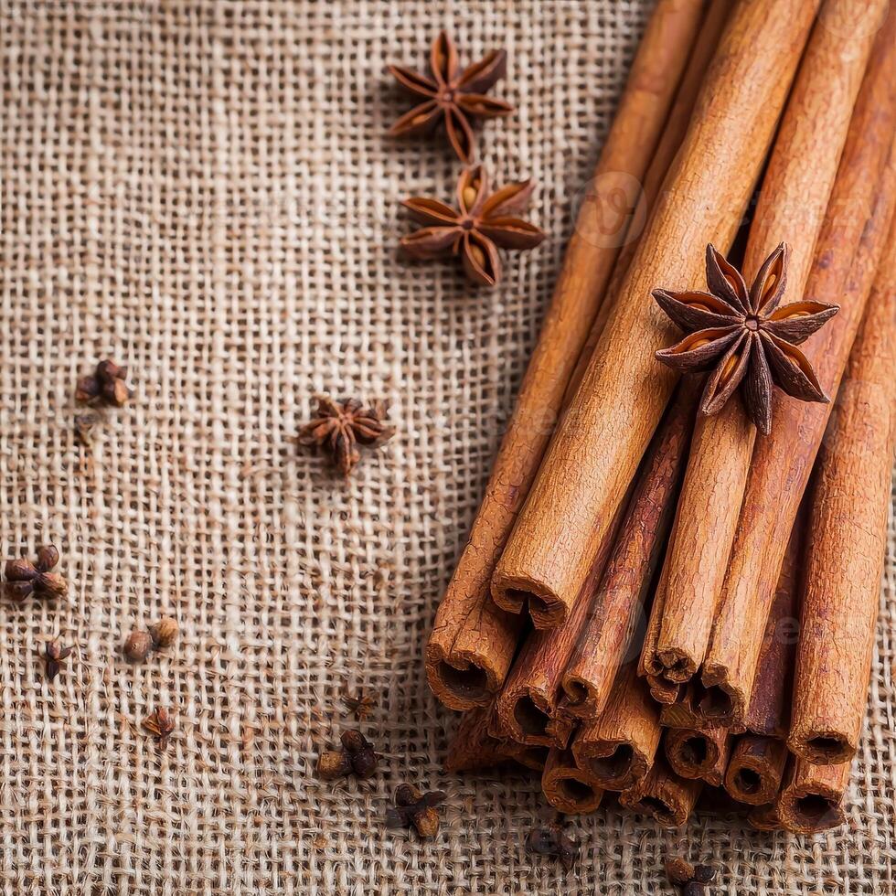 Cinnamon sticks bundle. Cinnamon sticks and star anise on burlap fabric background. photo