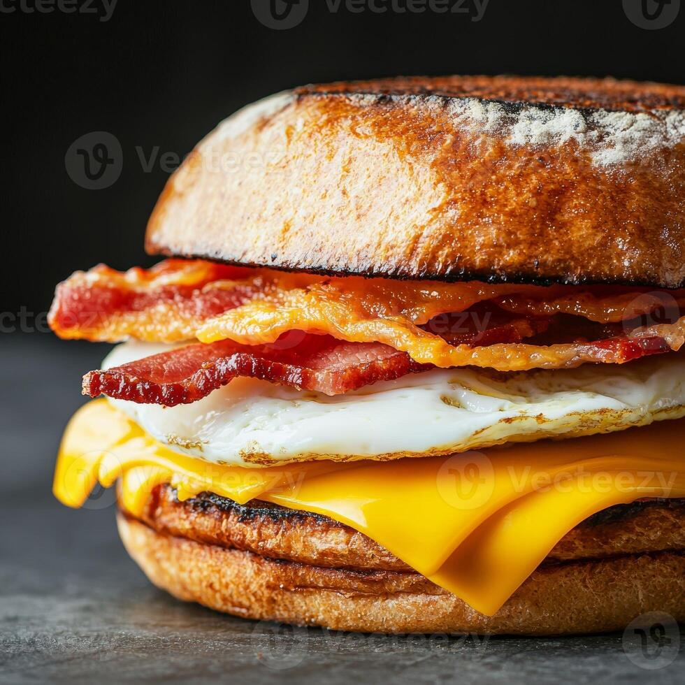Hearty sandwich. Delicious breakfast sandwich with bacon, egg, and cheddar cheese. photo