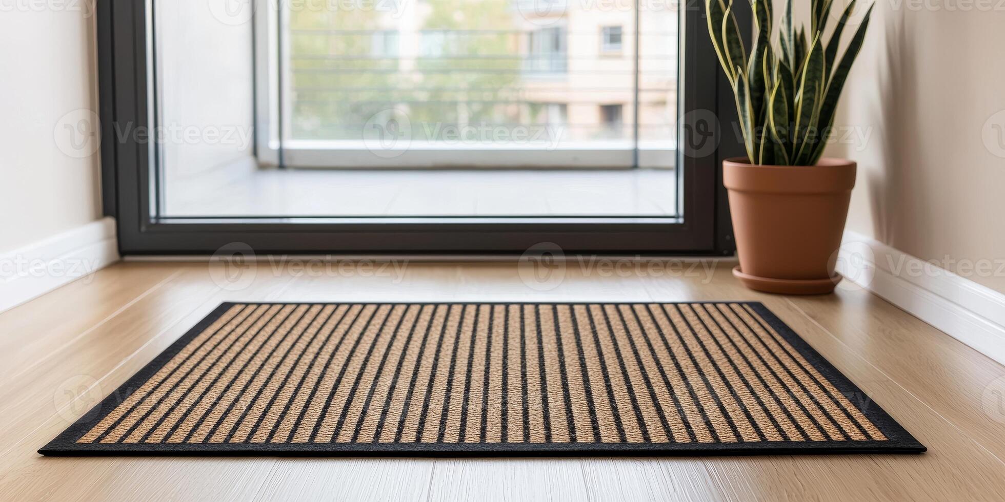 Affordable rental housing. Entrance mat placed near a window with a potted plant nearby. photo
