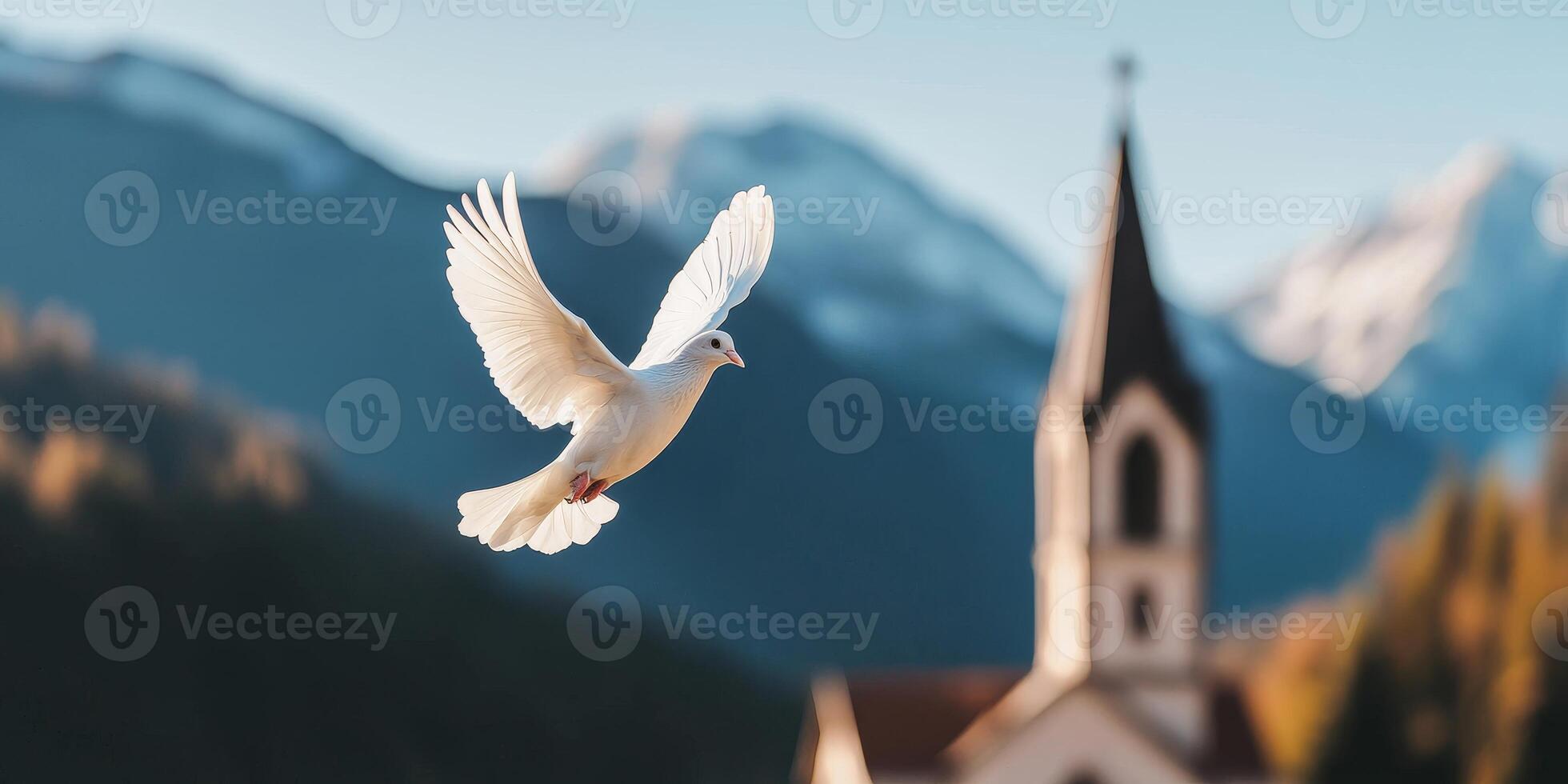 Grateful love prayers for valentine's day concept. White dove flying near a mountain church in a serene landscape. photo