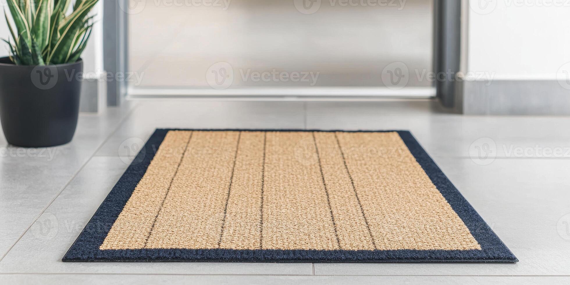 Affordable rental housing. Doormat on a tiled floor with a plant in the background. photo