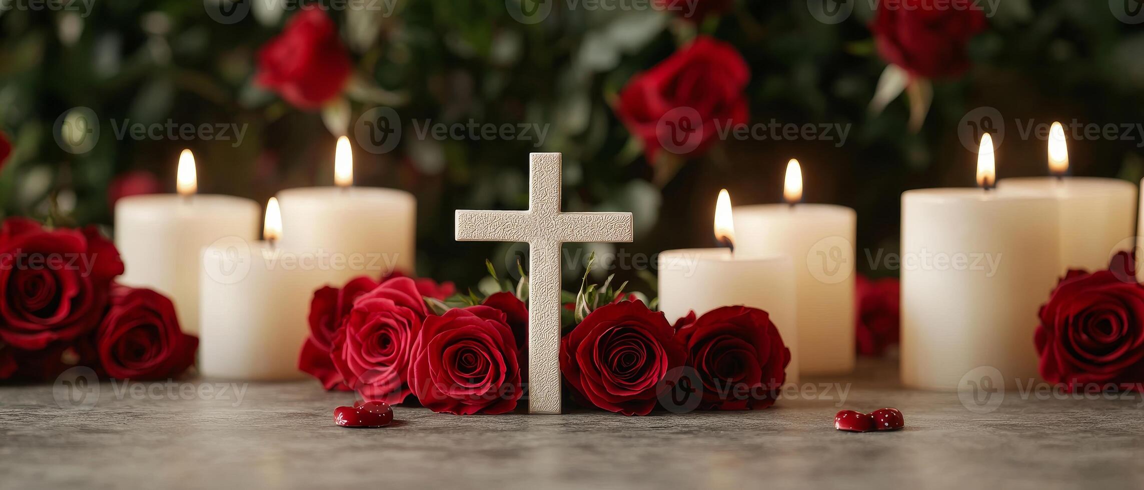 Valentine's day scripture concept. Serene arrangement of roses, candles, and a cross for reflection. photo