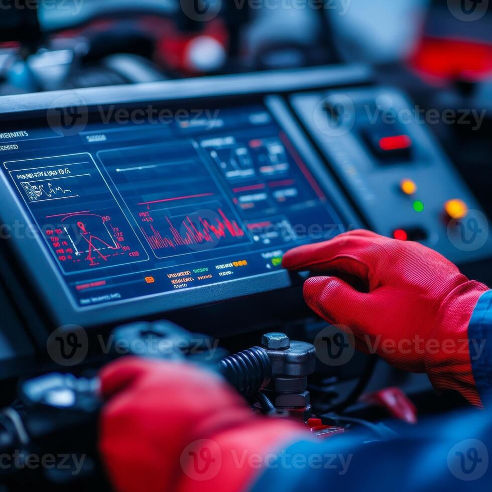 Mechanics repair diagnostics adjustment. Modern control panel with hands in red gloves interacting with data display. photo