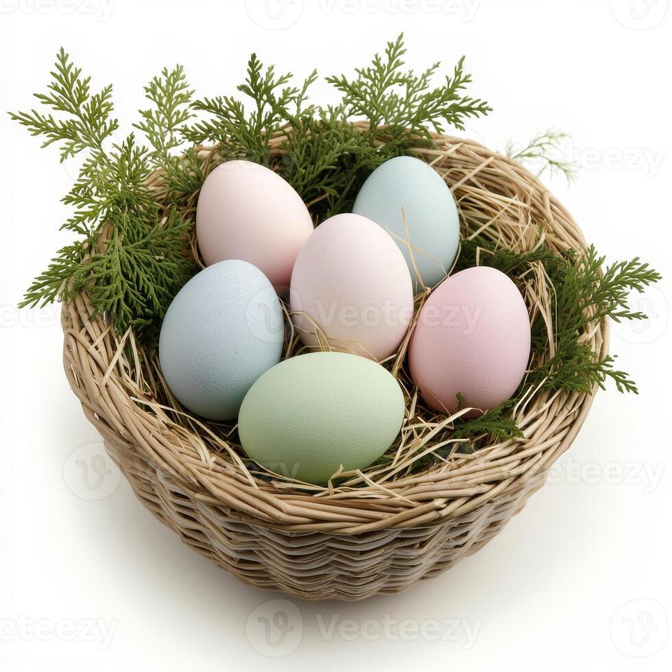 Easter decor nature, Colorful eggs in a woven basket with greenery. photo