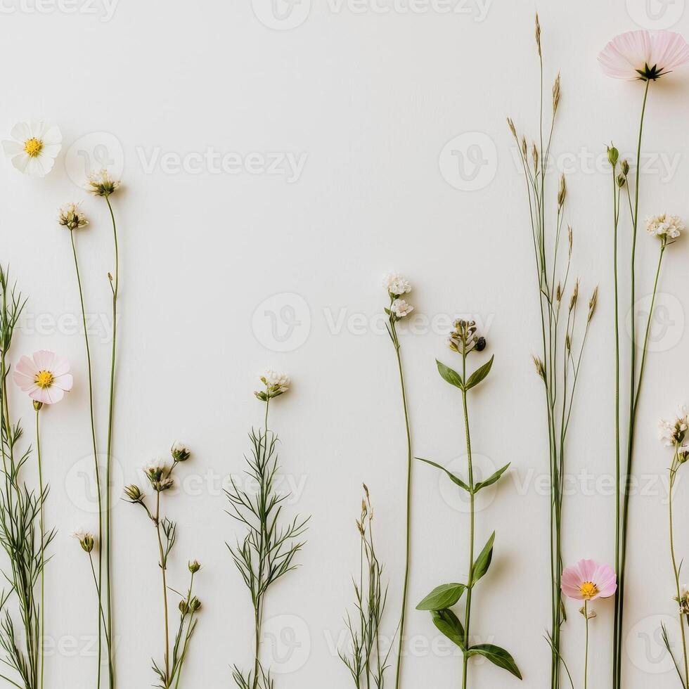 Meadow elegance concept. Floral arrangement of various wildflowers against a light background. photo