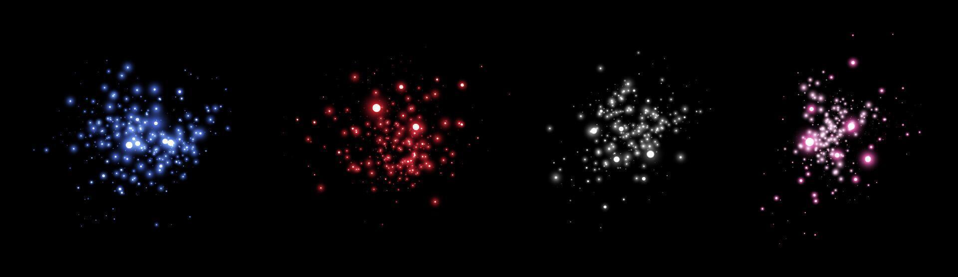 Glowing magic sparkles. Glittering dots, particles and stars. Glow flare light effect. Luminous points different colors vector