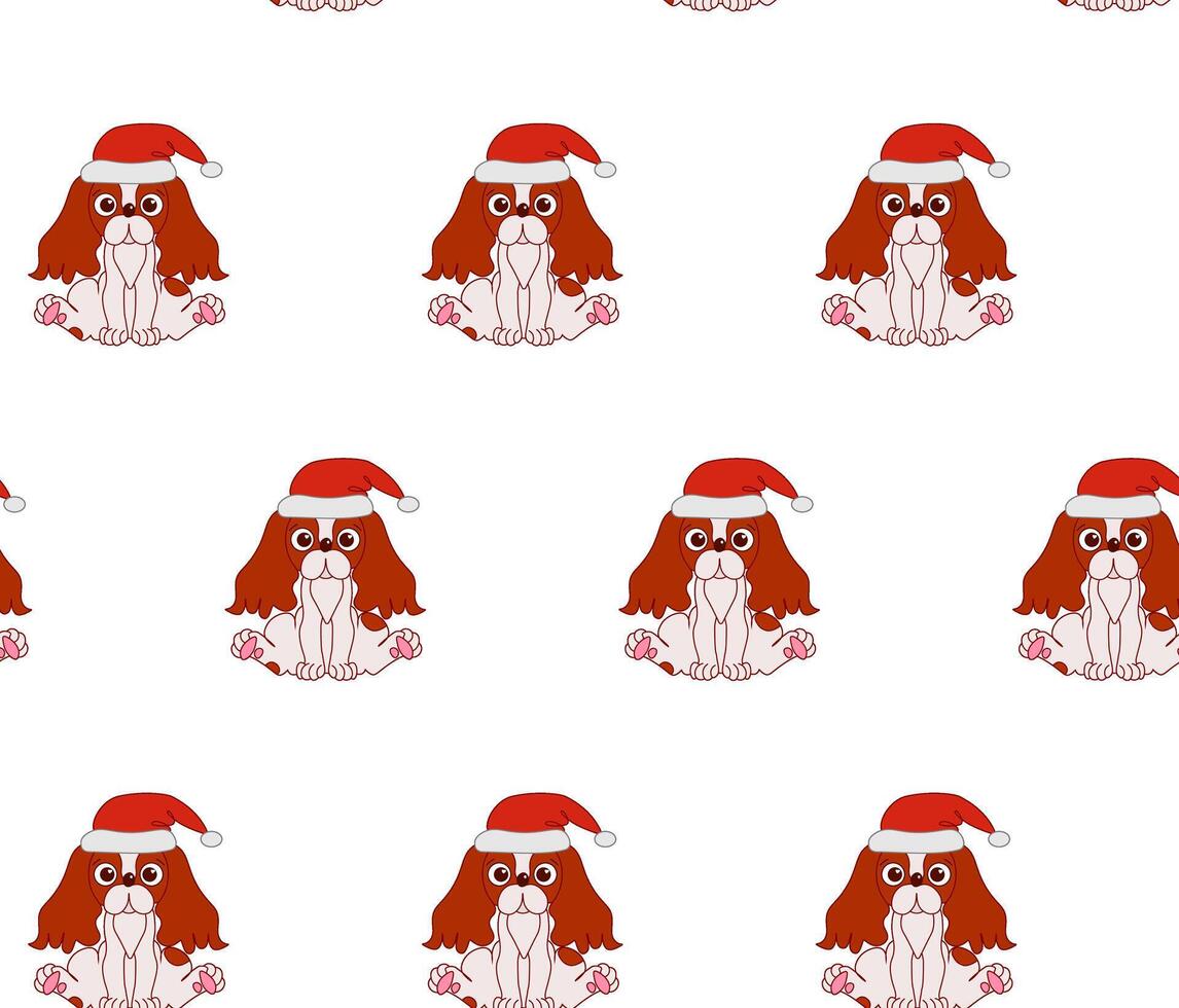 dog cavalier king charles spaniel in santa hat seamless pattern Santa Claus Xmas snowflake cartoon isolated tile background repeat wallpaper illustration vector