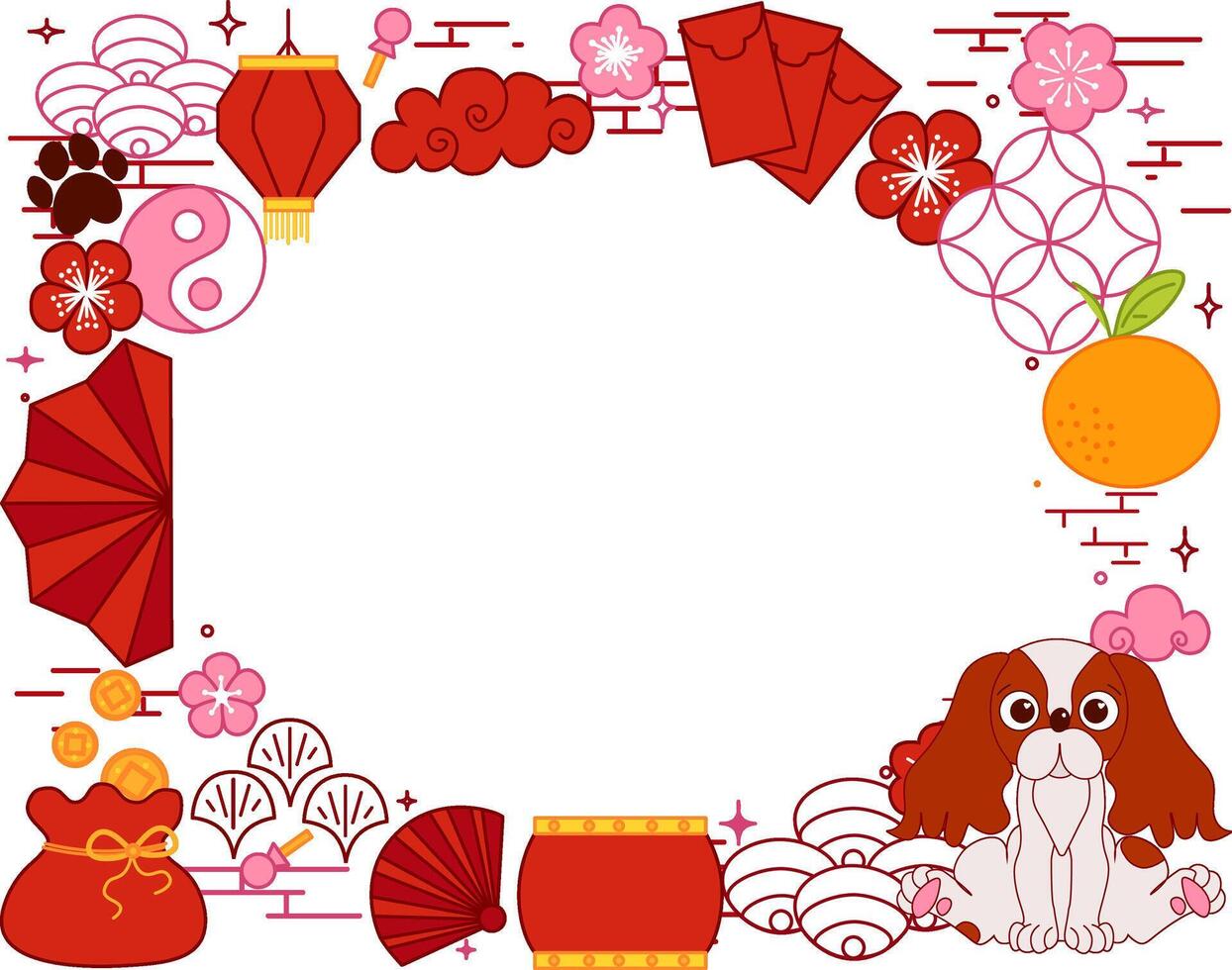 Chinese new year 2030 dog rectangle oval frame. graphic line Asia oriental traditional ornament, frame and border. Lunar lantern festival illustration template vector
