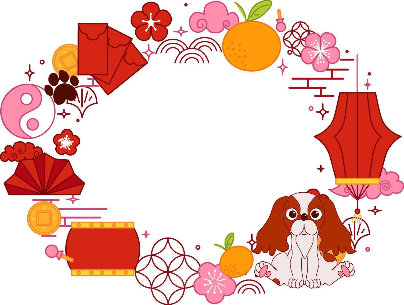 Chinese new year of dog 2030 oval frame template for your text. CNY lunar lantern festival related objects graphic illustration vector