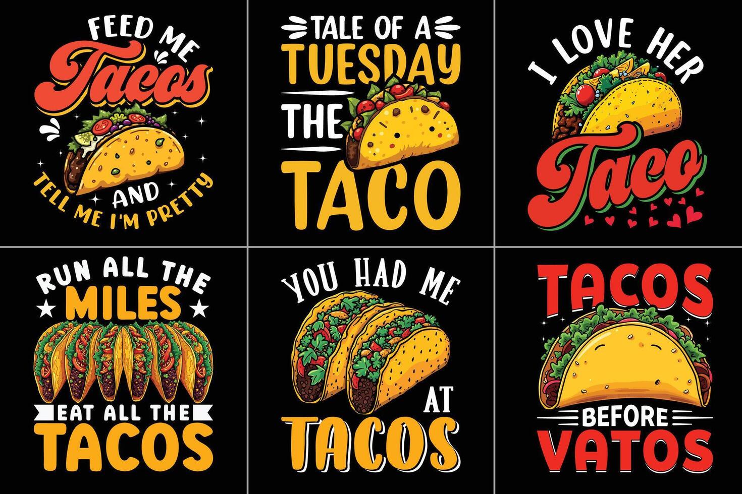 Tacos Typography Design Bundle For Food Lover, Food Typography Design, Taco T-shirt Design, EPS vector