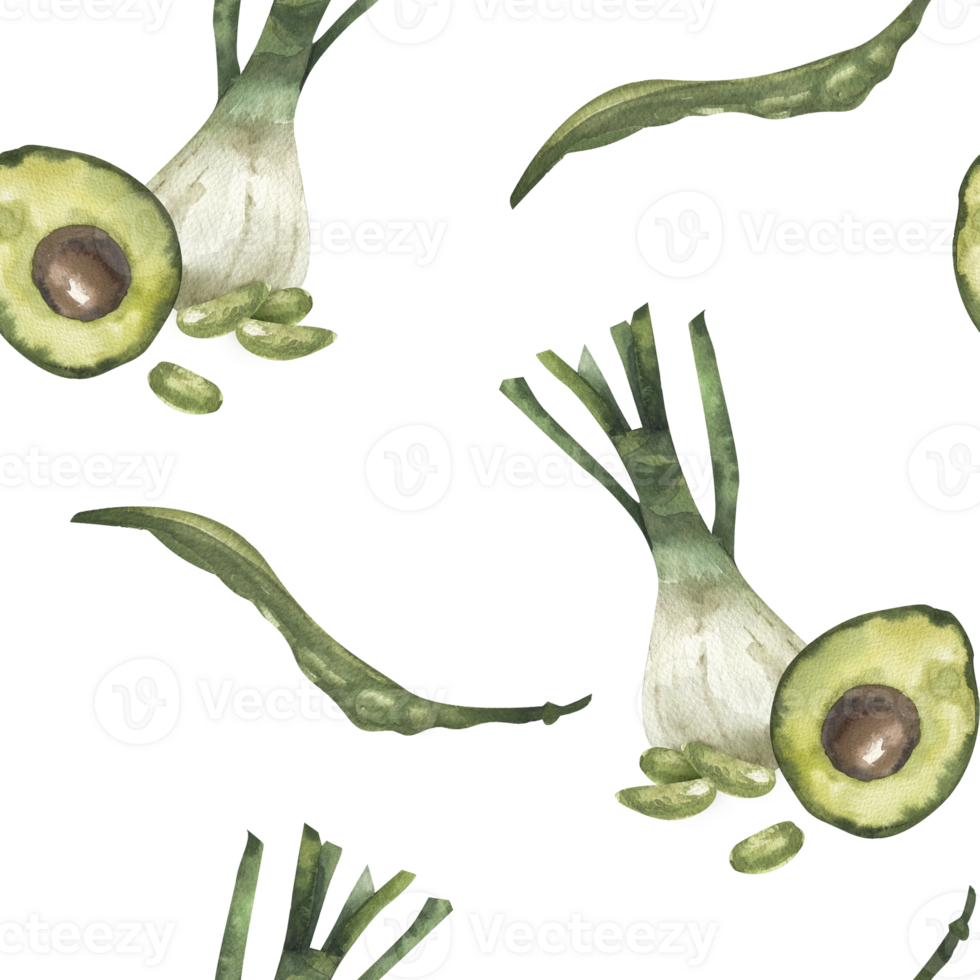 Green fresh vegetables watercolor seamless pattern. Hand drawn vegan food background with shallot onion, avocado and beans for kitchen textile, fabric, wallpaper design png