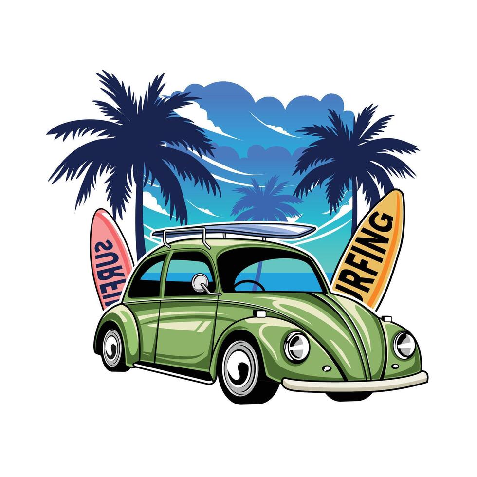 Surfing with old car logo design. Summer Surfing vintage Illustration design vector