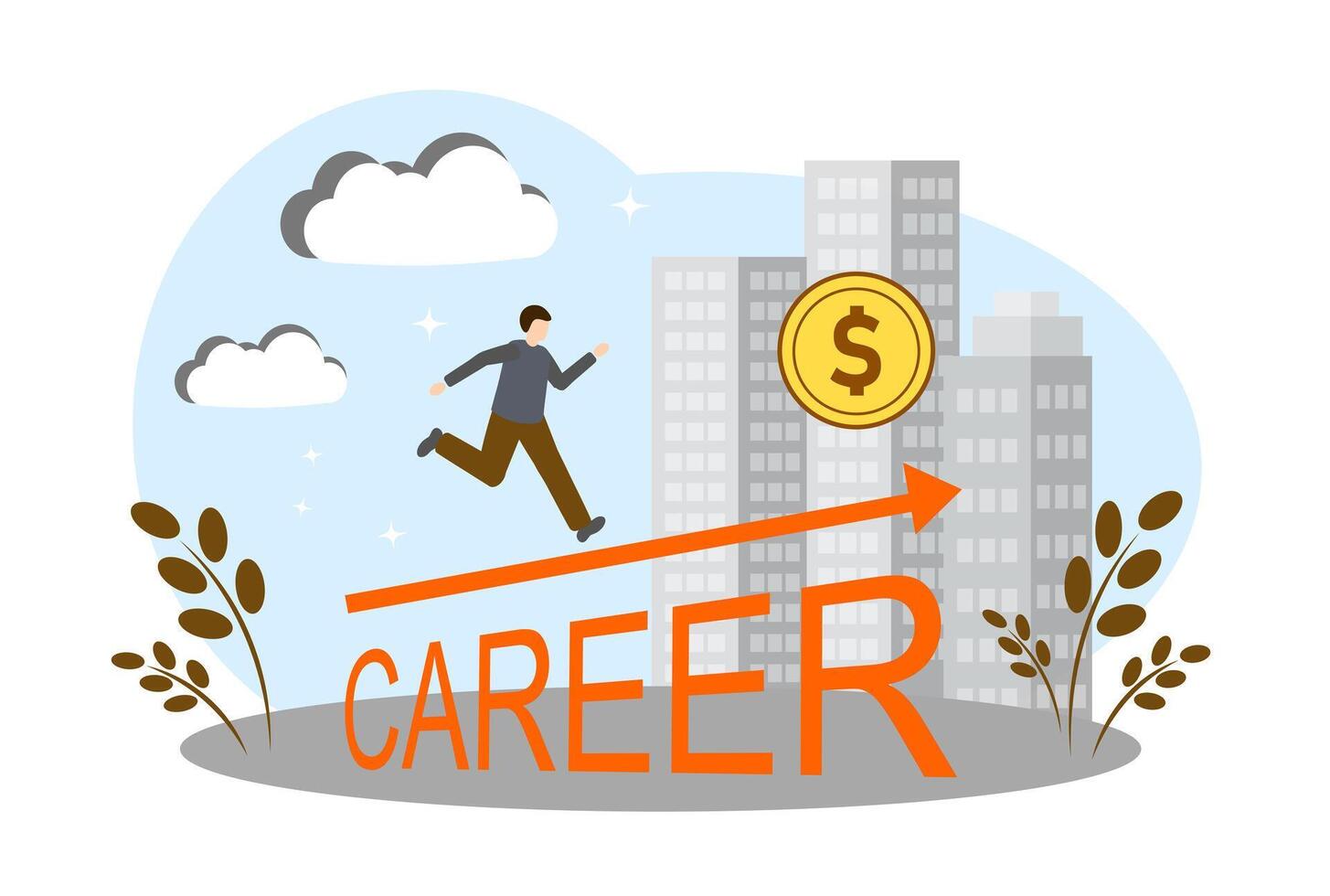 The concept of career growth, earning money and success in life. A man runs up vector