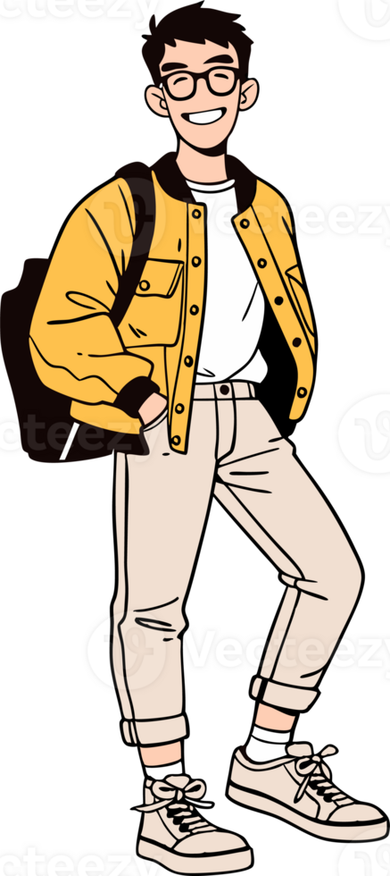 Stylish Young Man with Glasses in Casual Outfit Smiling Confidently with Backpack png