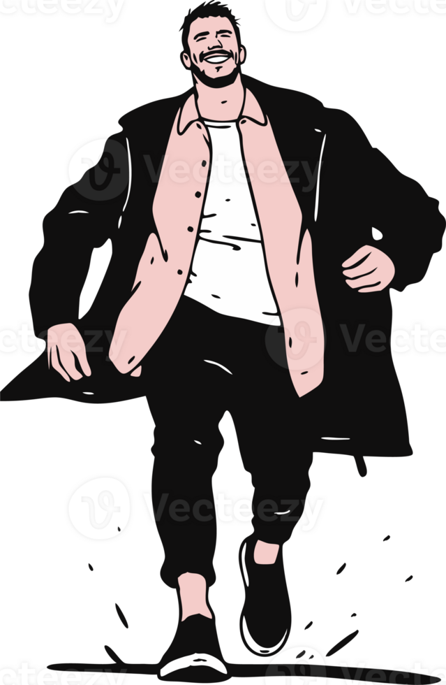 Illustration of a Confident Man Walking in Stylish Outfit with Coat and Sneakers png