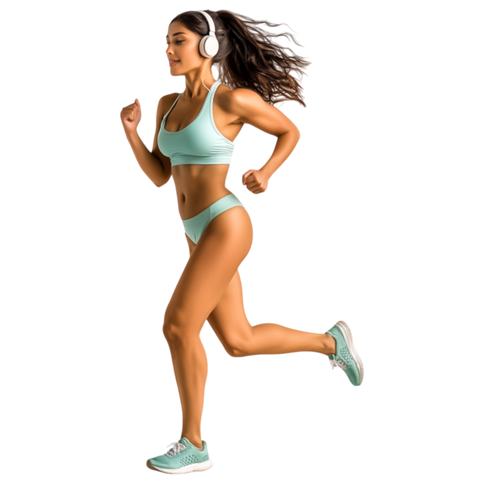 Active Woman Jogging with Headphones in Sporty Outfit png