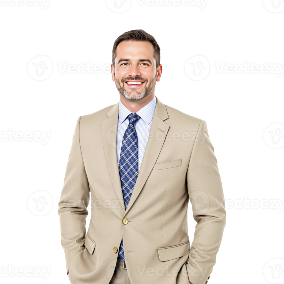 Smiling businessman in formal beige suit on transparent background png