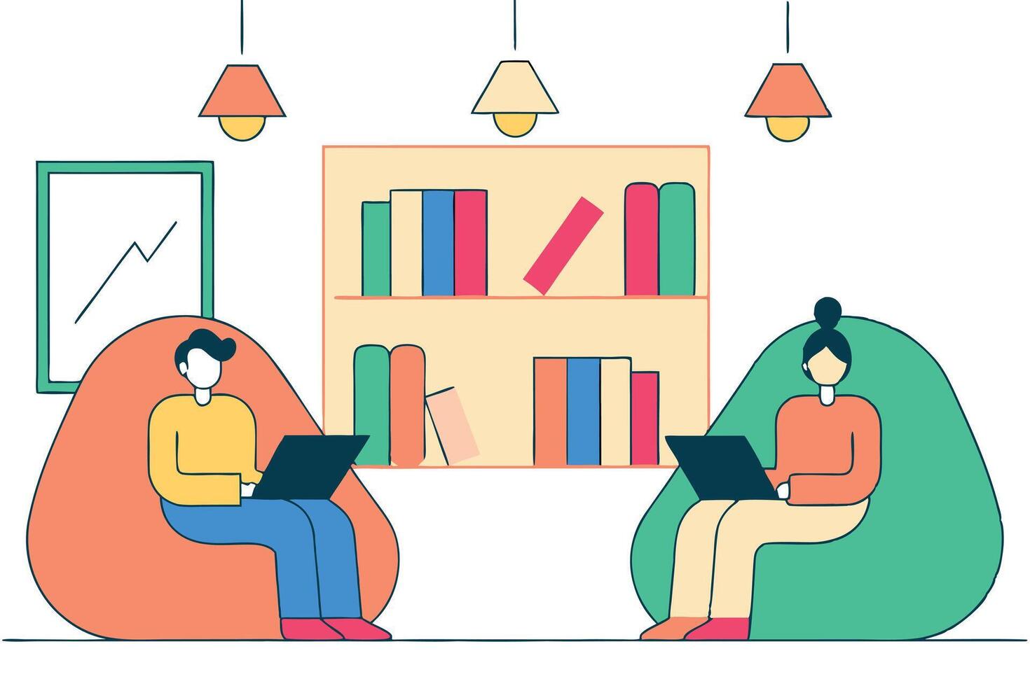 Coworking Space Two Individuals Working on Laptops, Bookshelves, Cozy Chairs vector