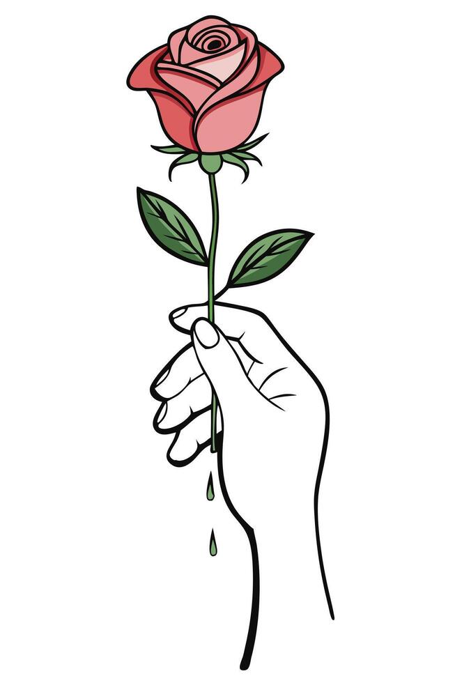 Hand Holding Single Pink Rose, Stem Dripping, Green Leaves vector