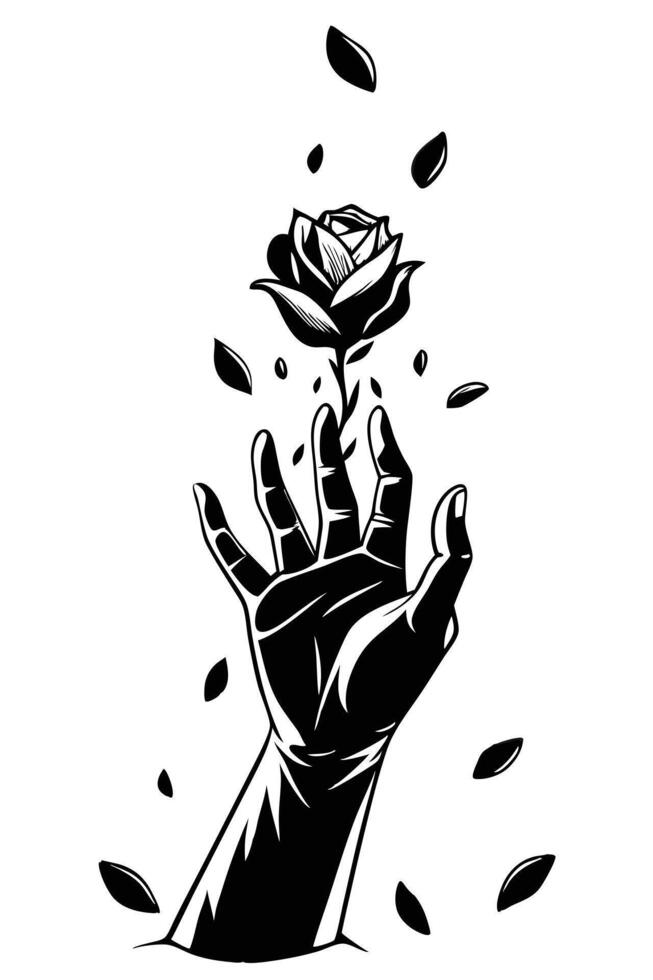 Hand Reaching Rose, Petals Falling, Black Ink, Gothic Art, Dramatic, Silhouette, Monochrome, Vintage vector
