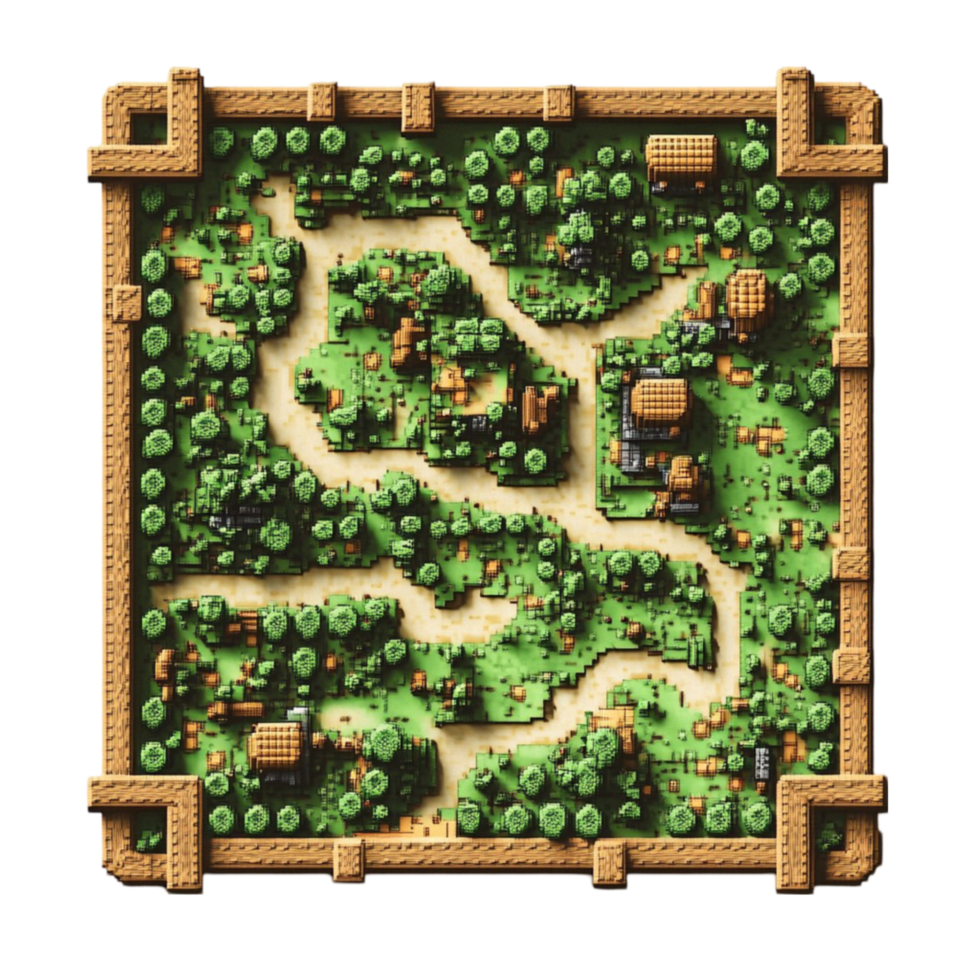 Pixel Art Map of Forest with Trees and Small Town on Transparent Background png