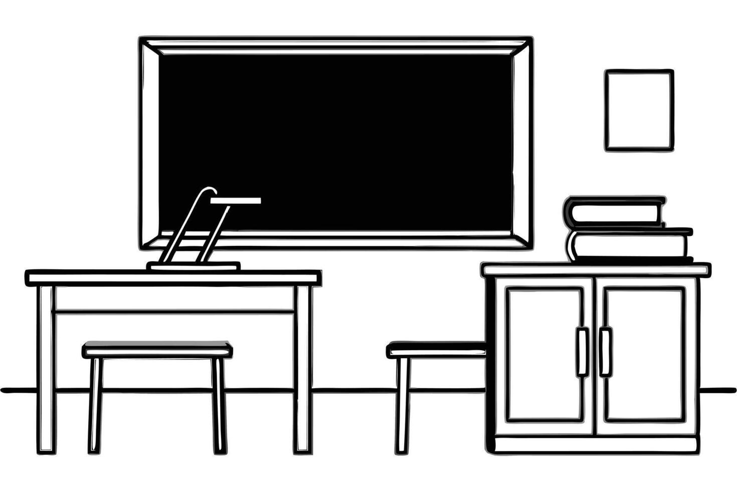 Classroom Setup Desk, Bench, Chair, Blackboard, Books, Cabinet vector
